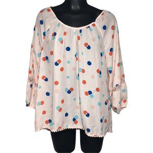 Copper Key Top Womens Sz M Pink Polka Dot Hi-Lo Lace Trim 3/4 Sleeve Blouse